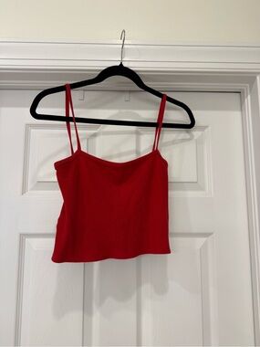 Red Ribbed Spaghetti Strap Crop Top Y2K - Women's